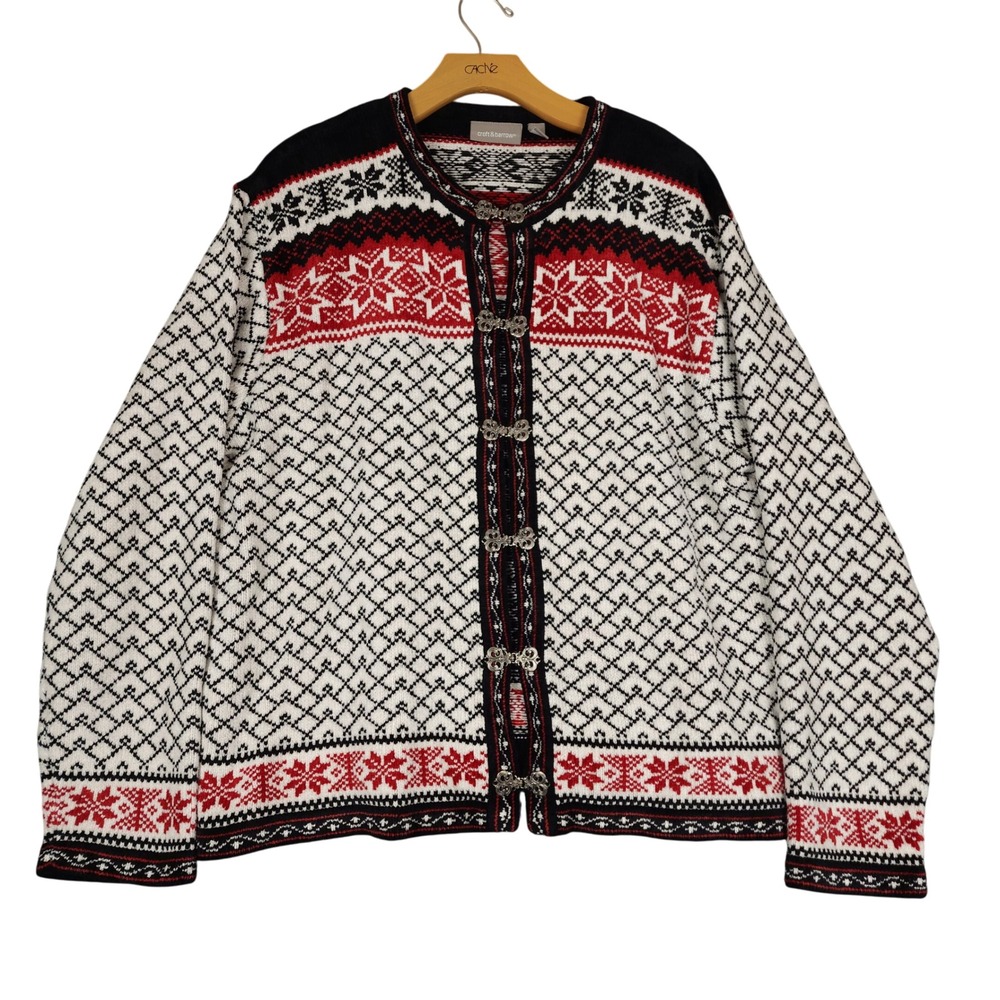 Croft & Barrow Womens XL Red Black White Snowflake Fair Isle Cardigan Sweater